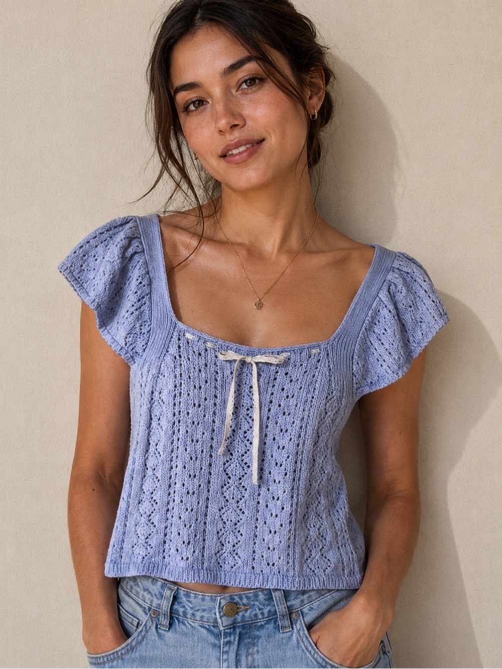 Haute Hippie| Light Blue Flutter Sleeve Crochet Knit Tank